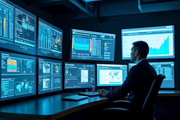 Modern operations center with multiple monitors showing oil rig data and analytics