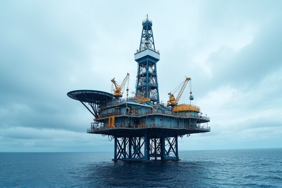 Tension-leg oil rig platform in the ocean with monitoring systems